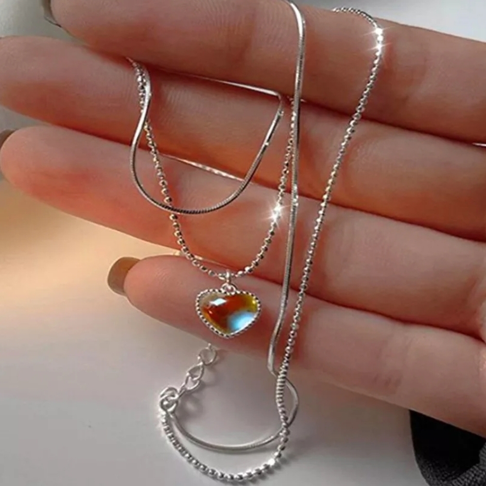 Layered Silver Heart Pendant Necklace
